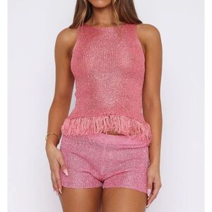 Whitefox boutique Pink Fringe Top and Shorts Set